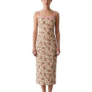 Vintage Floral Midi Slip Dress Pink Trim Y2K Cottagecore Coquette Aesthetic S/M